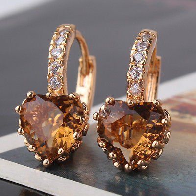 Vintage Orange Heart Zirconia Golden Earrings