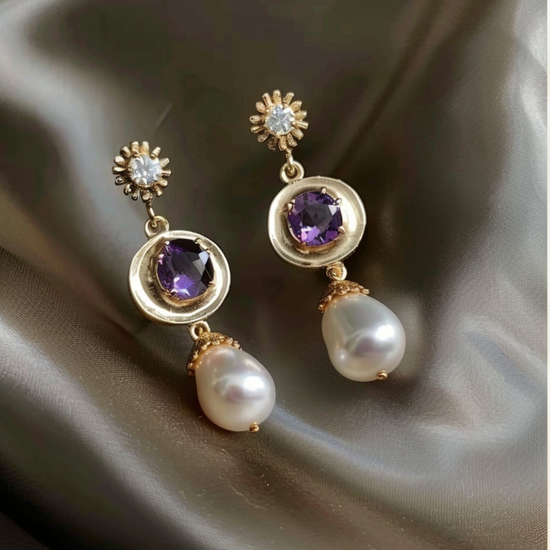 Rounded Golden Purple Zirconia Pearl Earrings