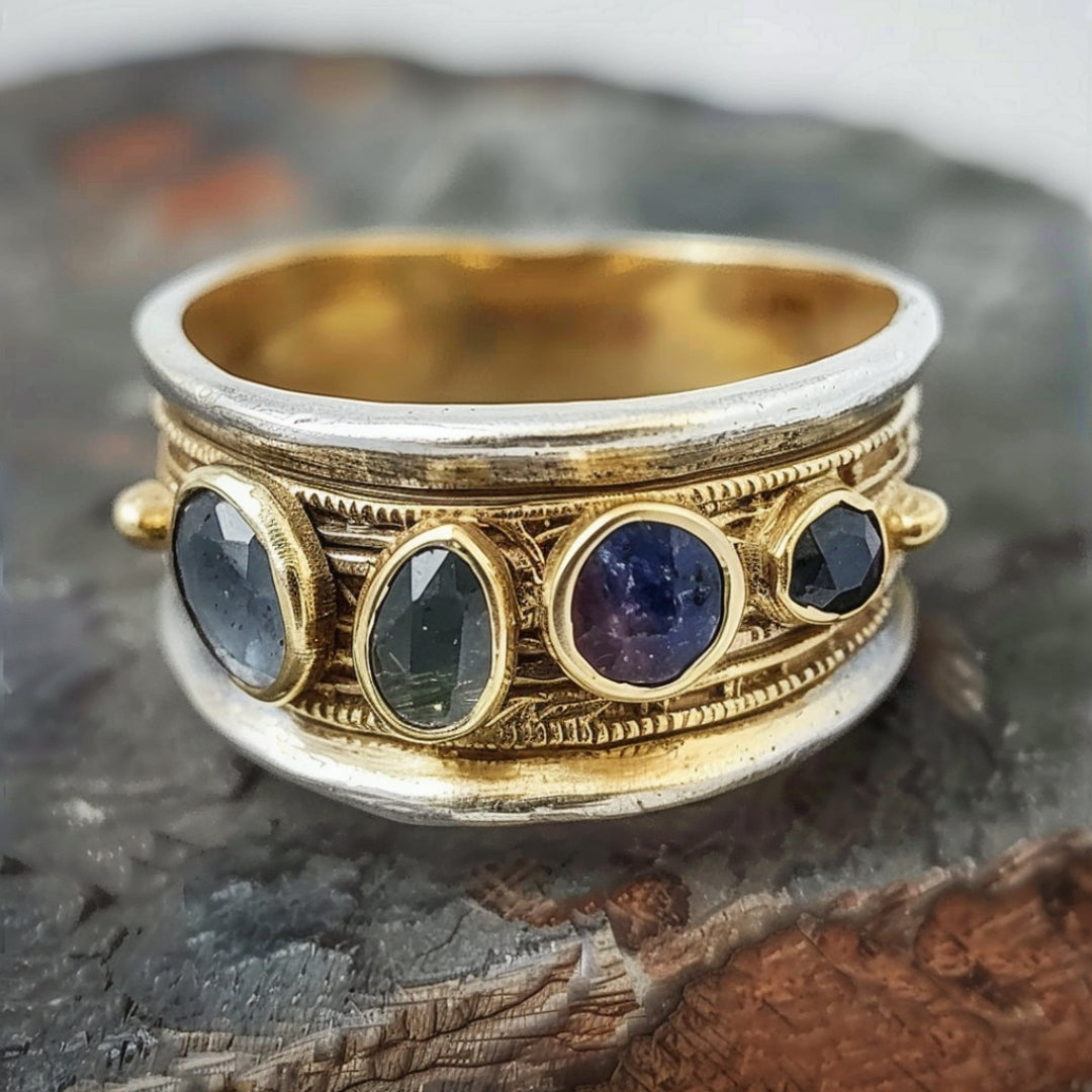 Gold Inlaid Blue Stones Ring