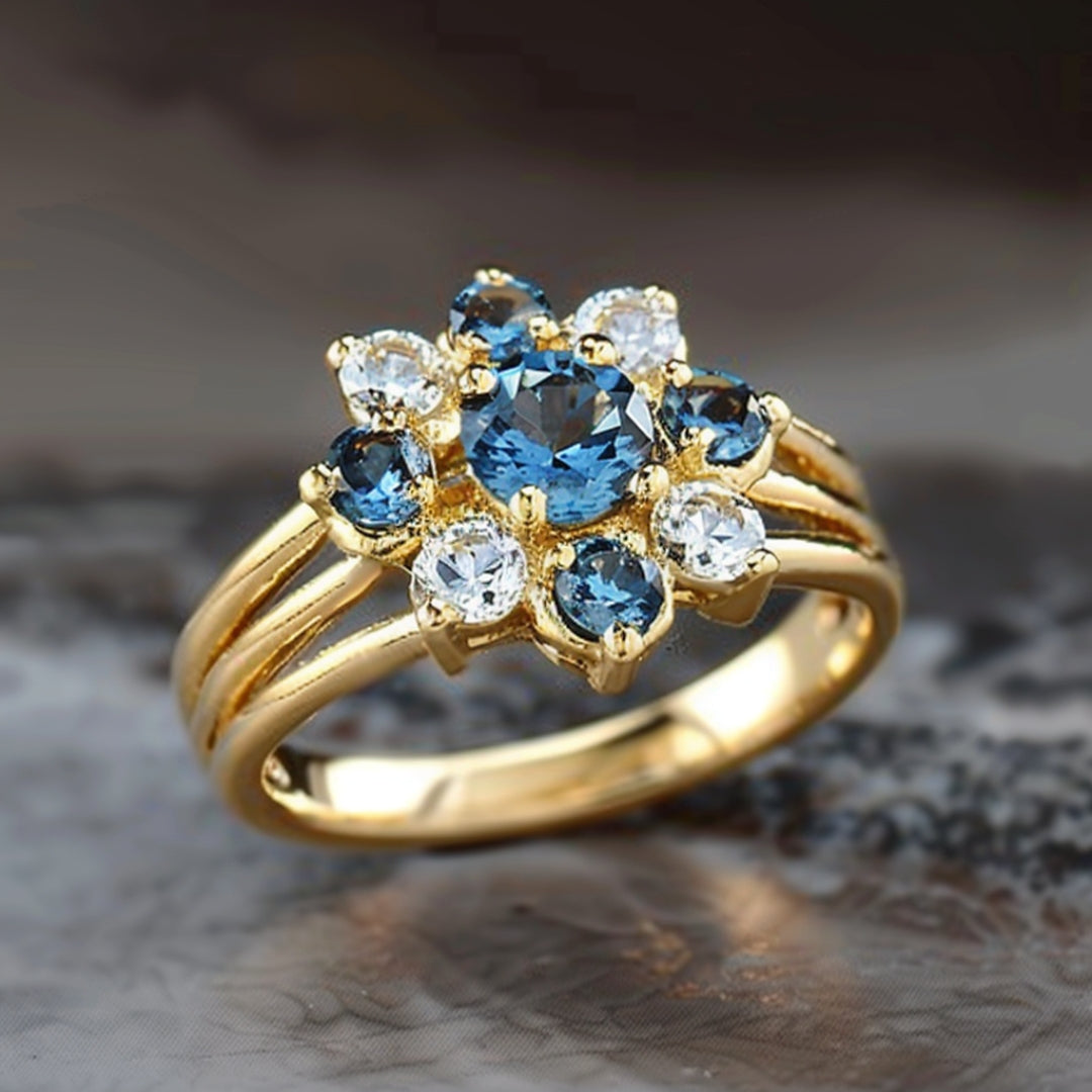 Golden Blue Flower Zirconia Ring