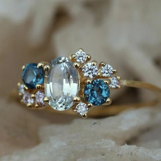 Vintage Exquisite Blue Glass Zirconia Gold Ring