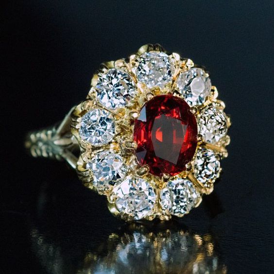 Vintage Rounded Red Zirconia White Glass Ring