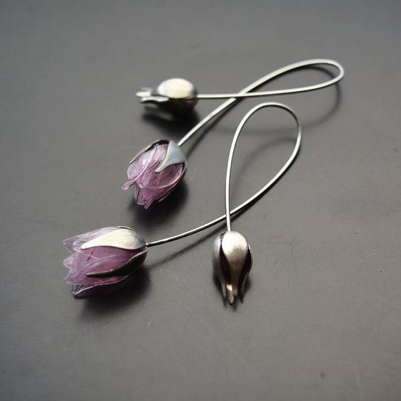 Vintage Purple Rose Silver Earrings