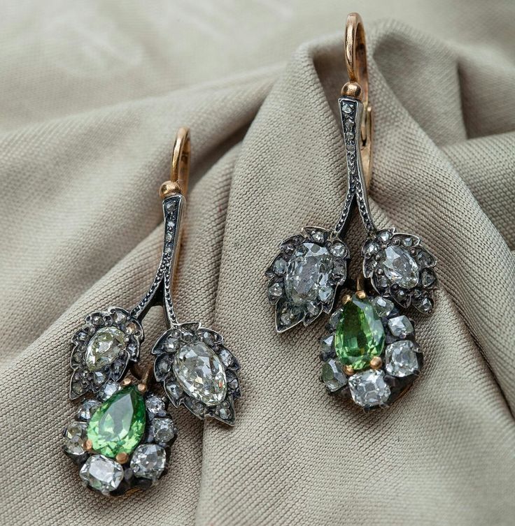 Vintage Green Dangling Glass & Zirconia Earrings