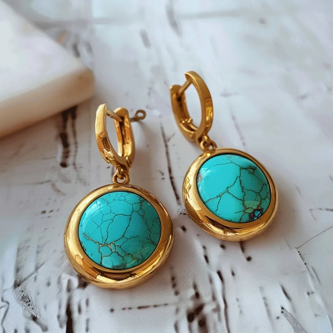 Vintage Inlaid Blue Stone Gold Earrings