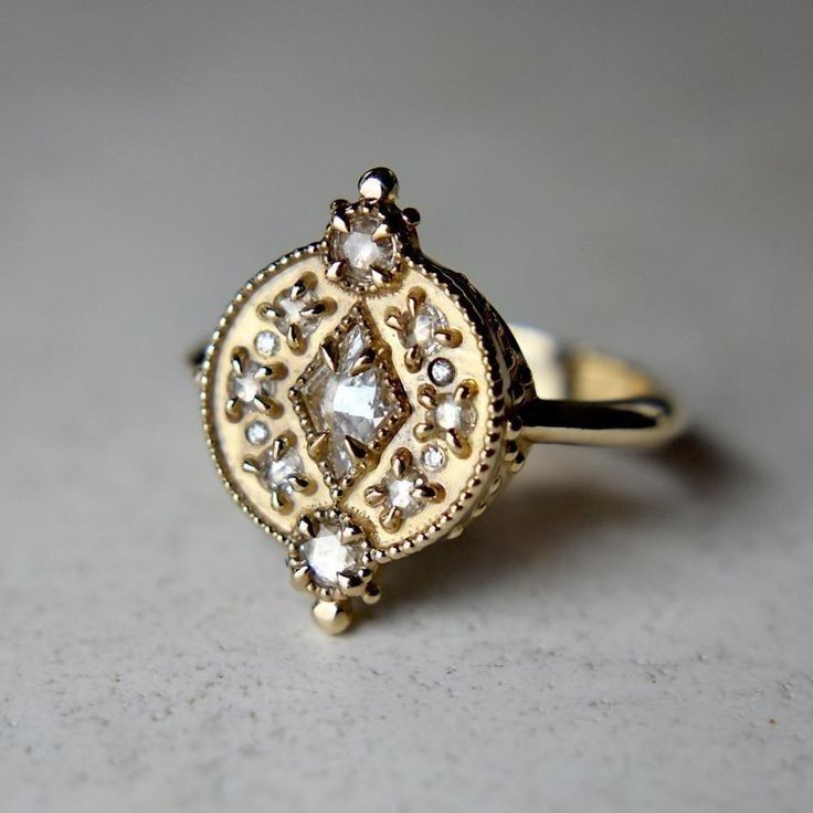 Vintage Inlaid Crystals Golden Seal Ring