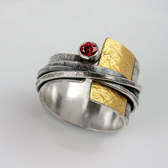 Vintage Gold & Silver Played Red Zirconia Ring