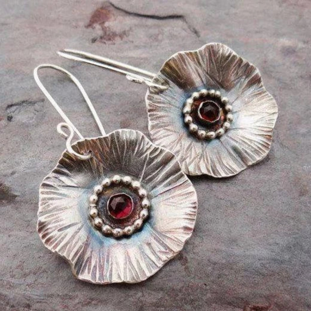 Vintage Red Zirconia Silver Flower Earrings