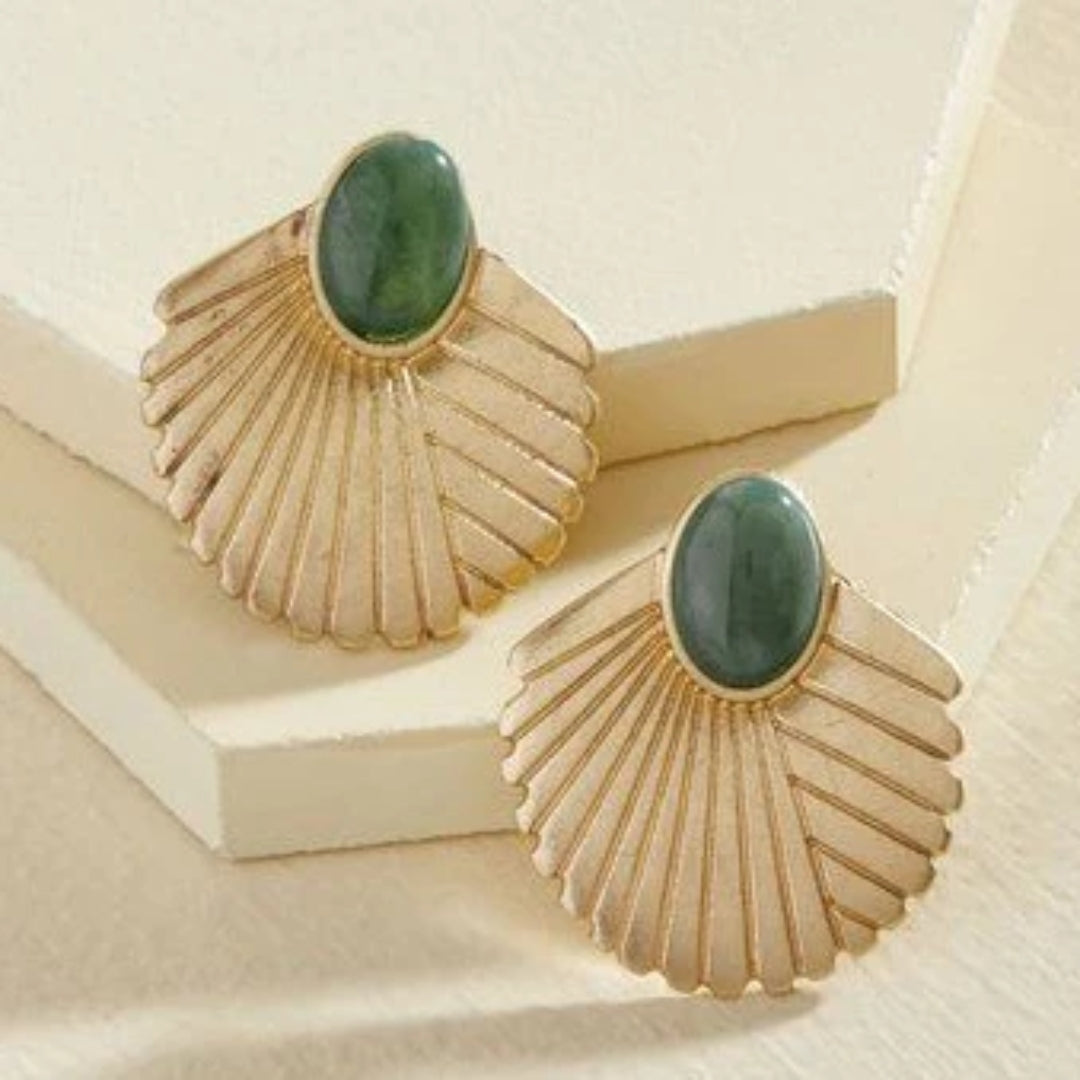 Vintage Gold Shell Green Stone Earrings