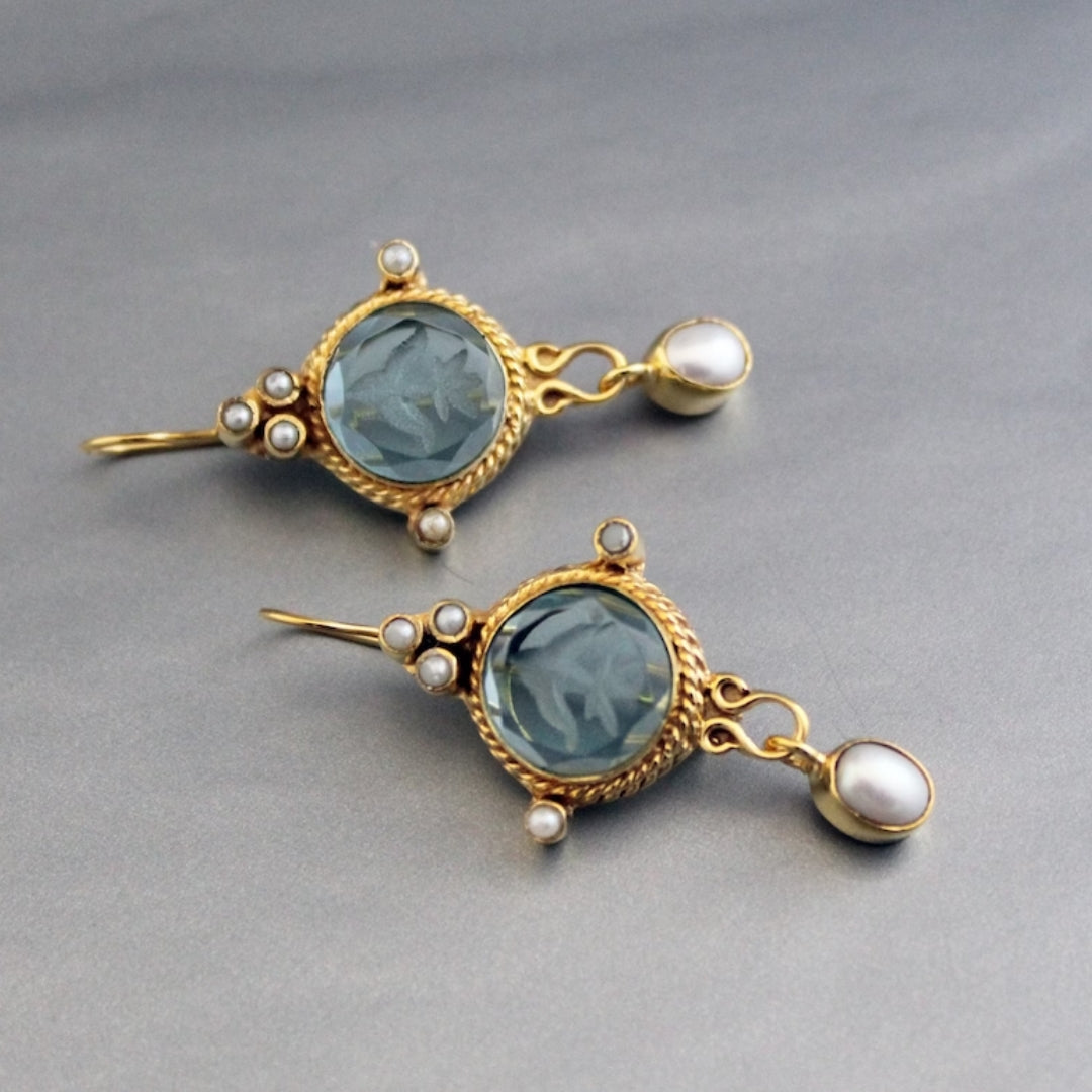 Vintage Blue Crystal Dangling Pearl Earrings