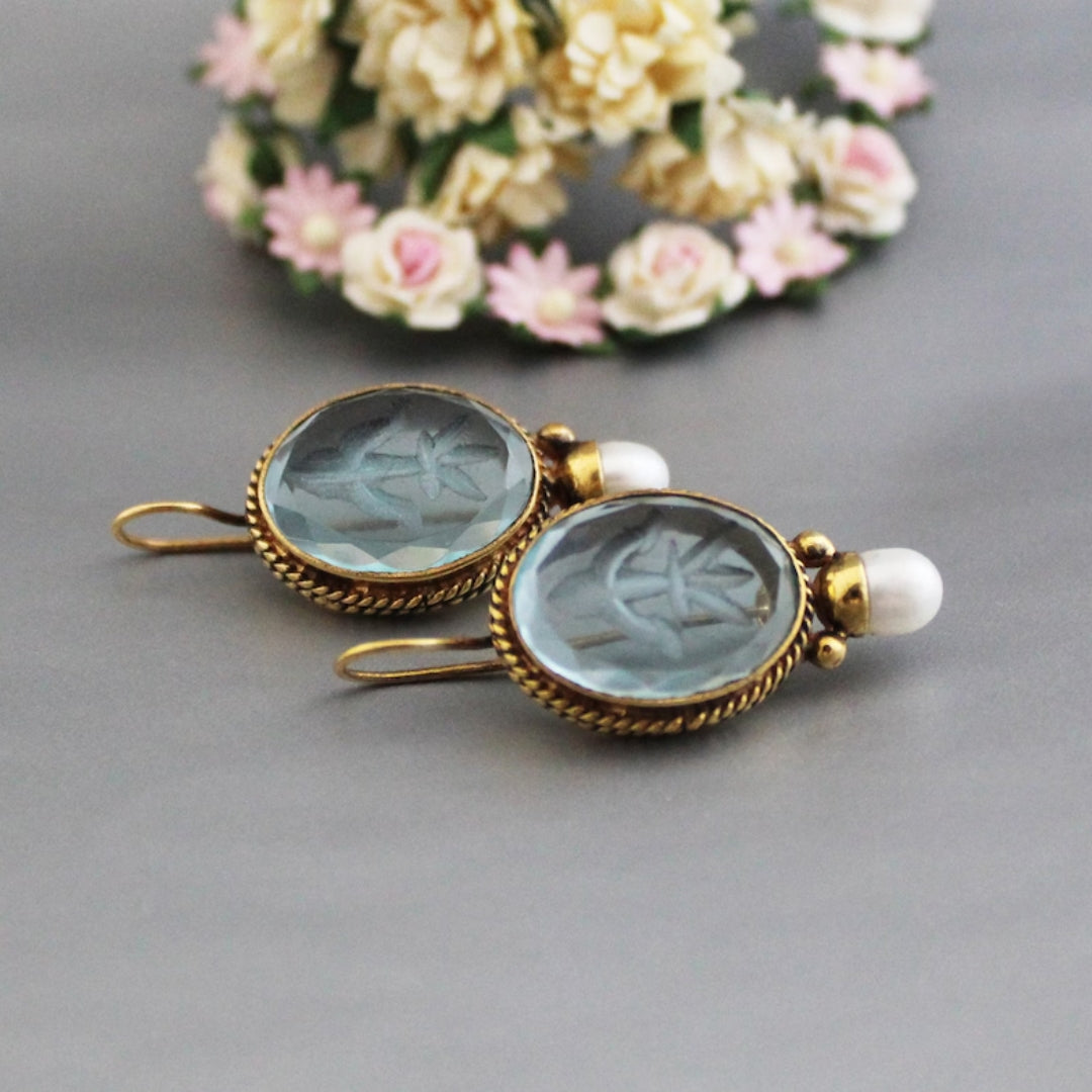 Vintage Rounded Blue Crystal Pearl Earrings