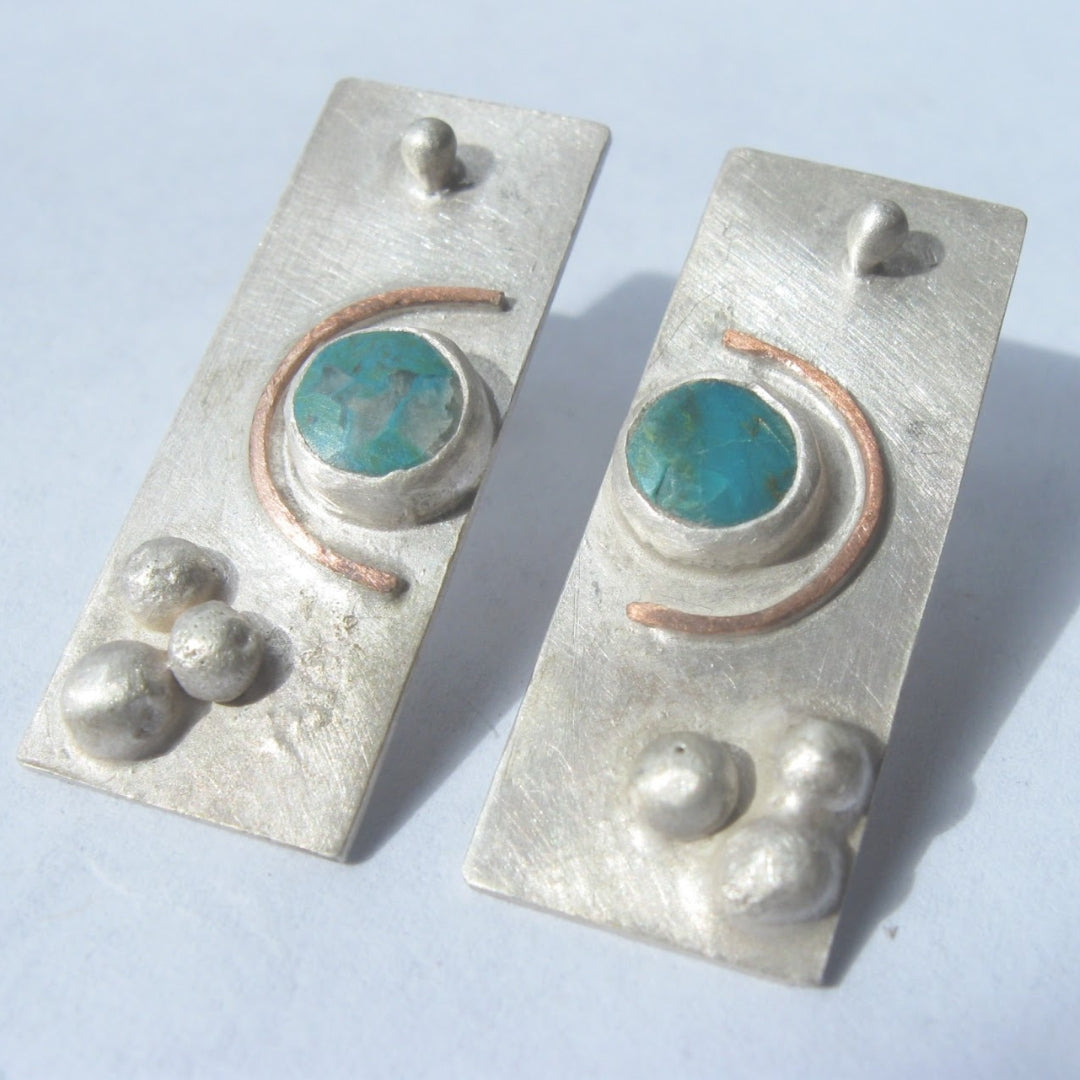 Vintage Inlaid Blue Stone Rectangular Silver Earrings