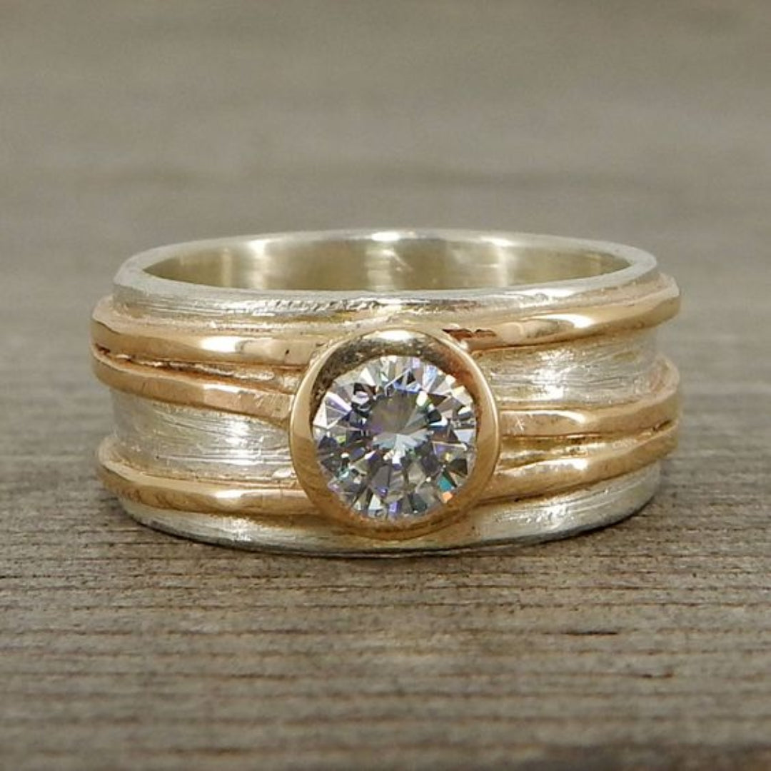 Vintage Gold & Silver Inlaid Glass Ring