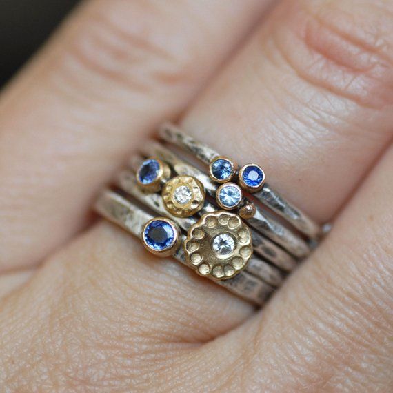 Vintage Layered Silver Blue Ring Set