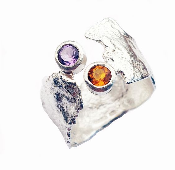 Vintage Silver Plated Purple & Orange Crystal Ring