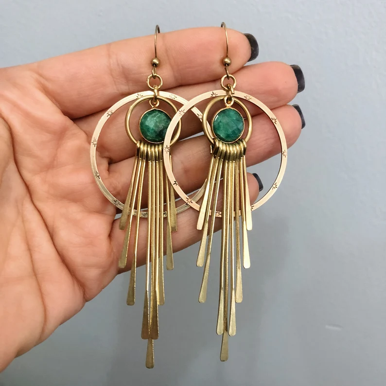 Vintage Green Dangling Gold Earrings