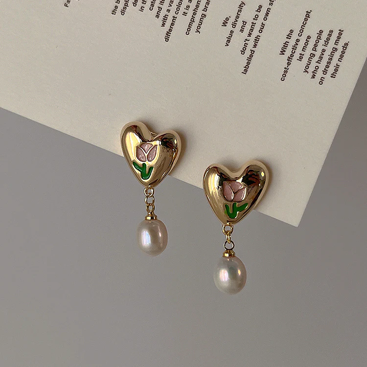 Elegant Gold Heart & Pearl Earrings