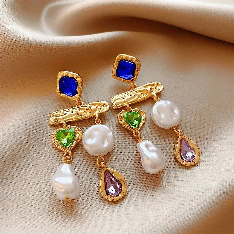 Elegant Colorful Stones Pearl Earrings