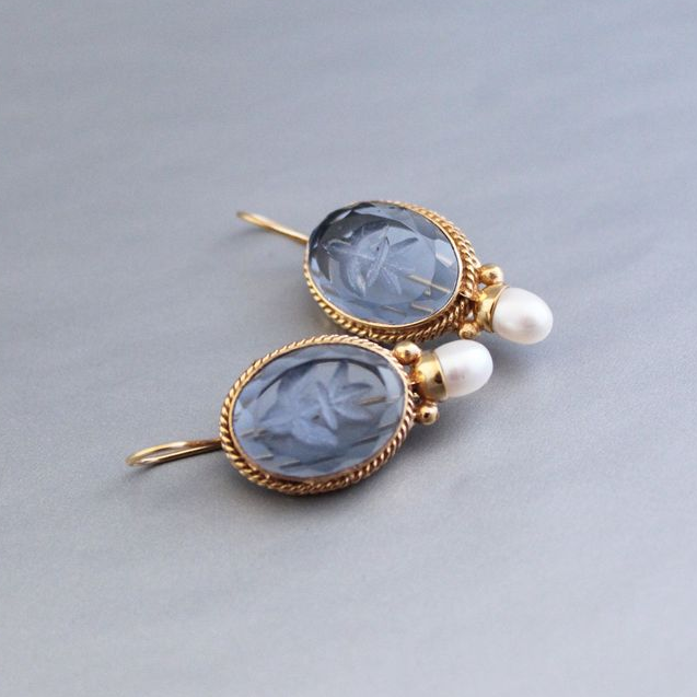 Vintage Blue Glass Pearl Earrings