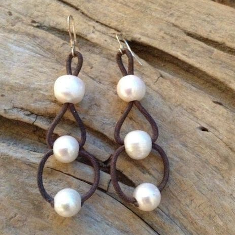 Vintage Dangling Pearl Leather Earrings