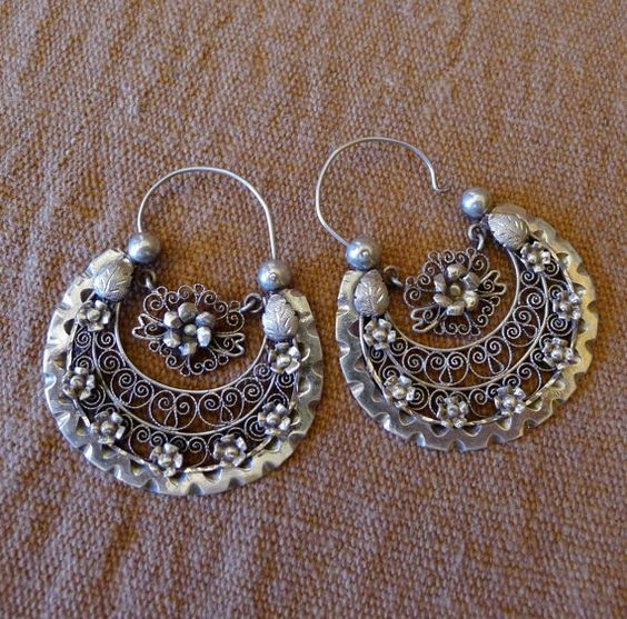 Vintage Mandala Crescent Silver Earrings