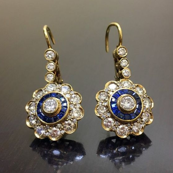 Vintage Blue Gold Crystal Mandala Earrings