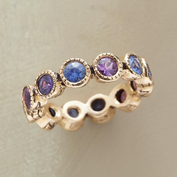 Vintage Blue & Violet Crystals Gold Ring