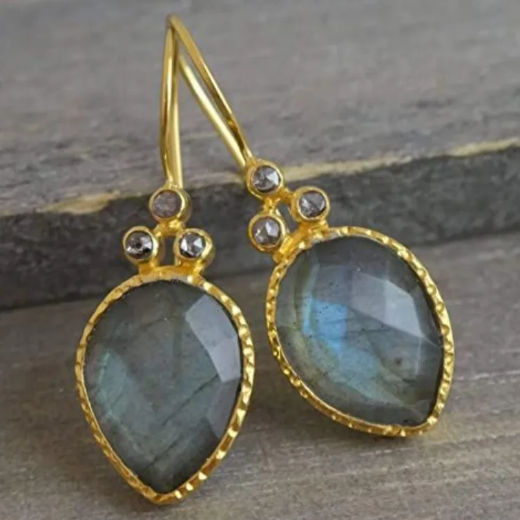 Vintage Blue Stone Drop Gold Earrings