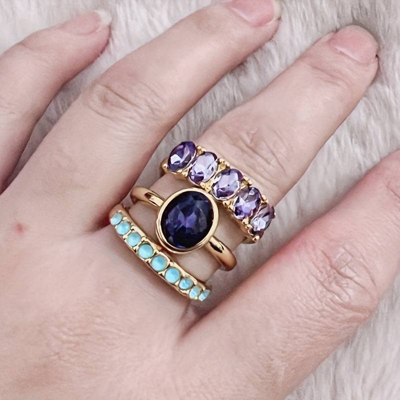 Vintage Purple Crystal & Blue Ring Set