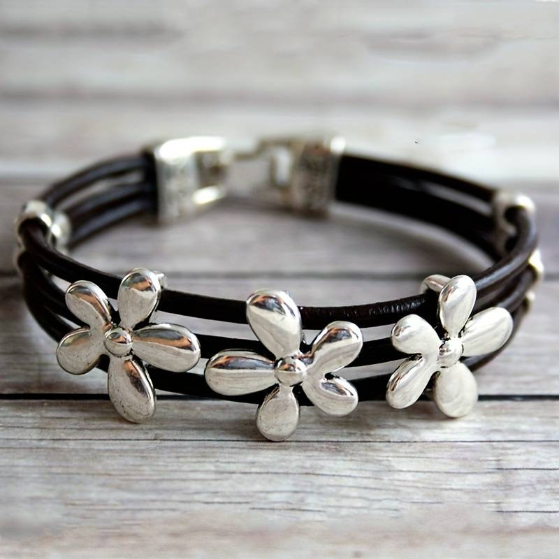 Vintage Silver Flower Leather Bracelet