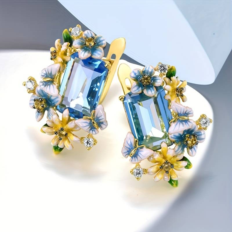 Vintage Blue Crystal Floral Earrings