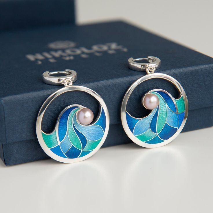 Vintage Blue Enamel Wave Pearl Earrings