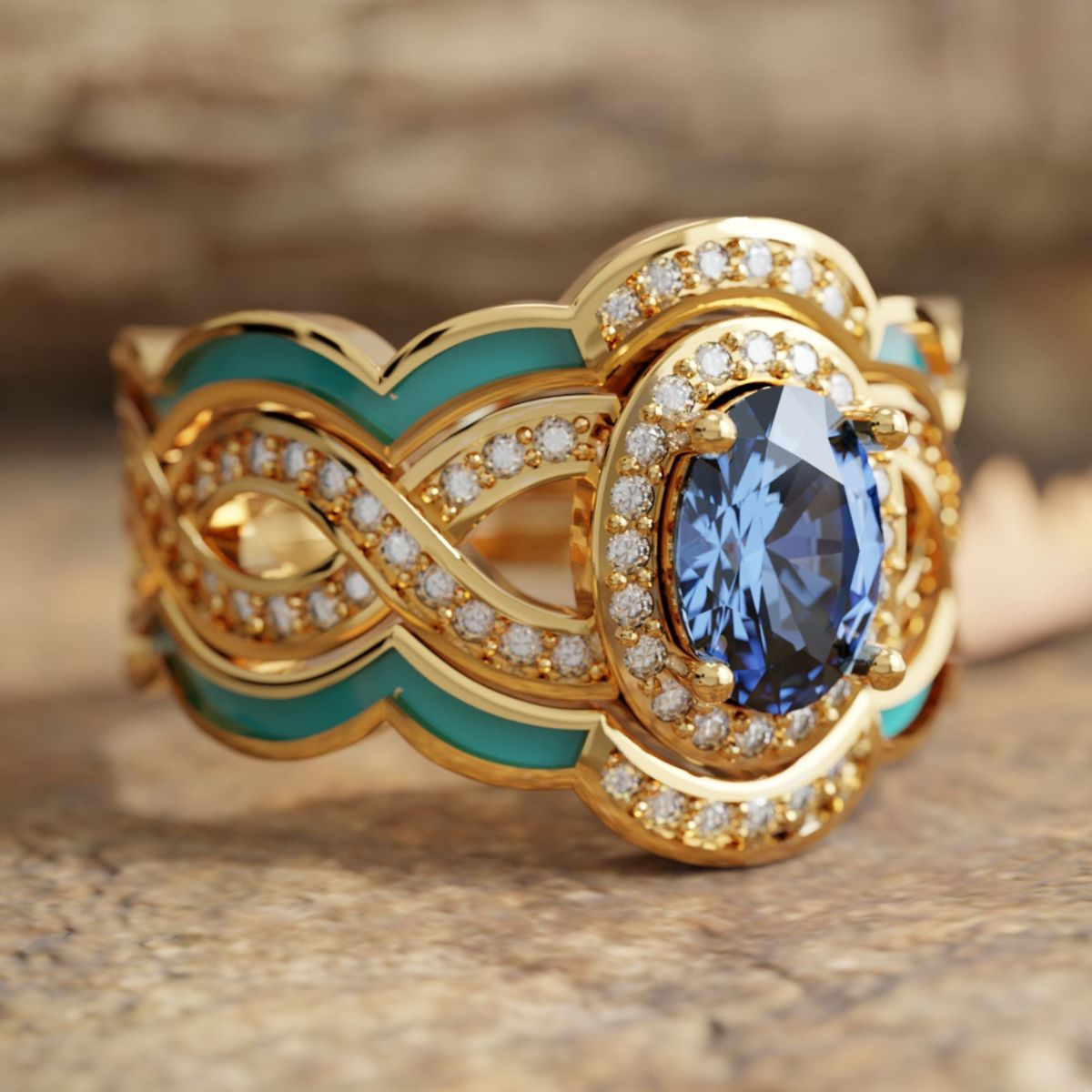 Vintage Gold Turquoise Enamel Ring