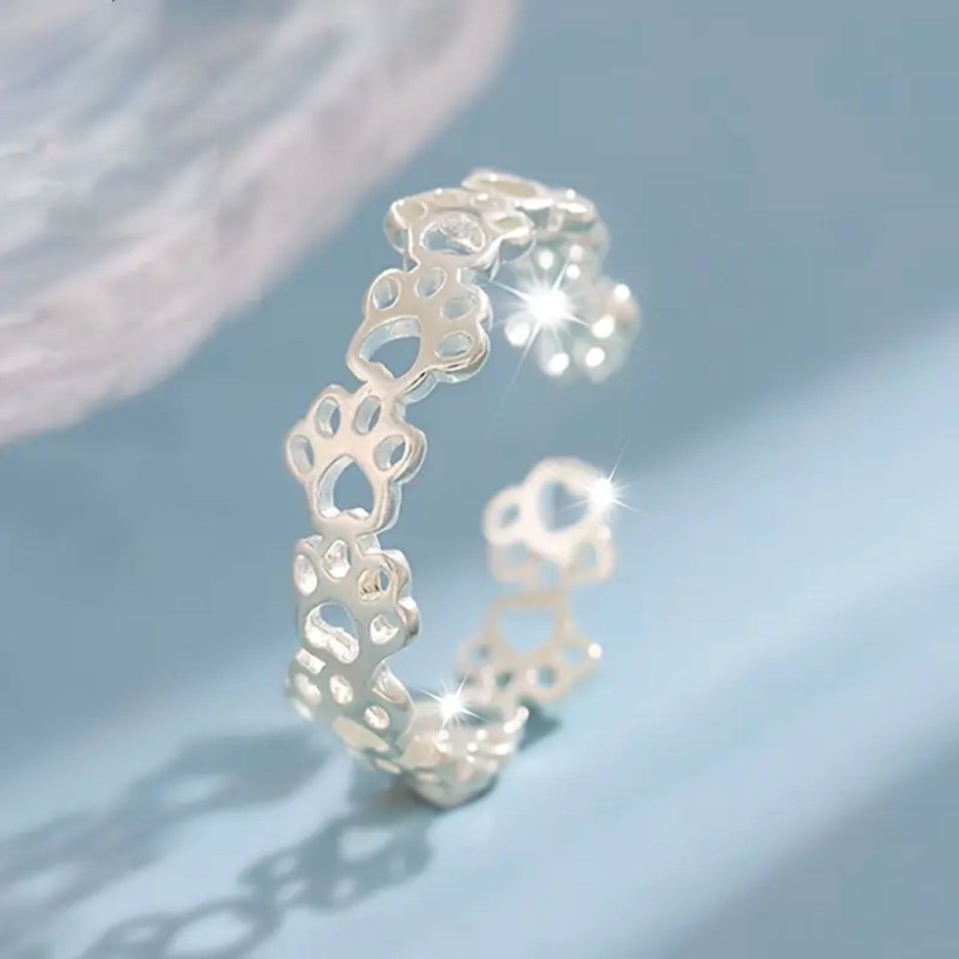 Adjustable Hollow Paw Silver Ring