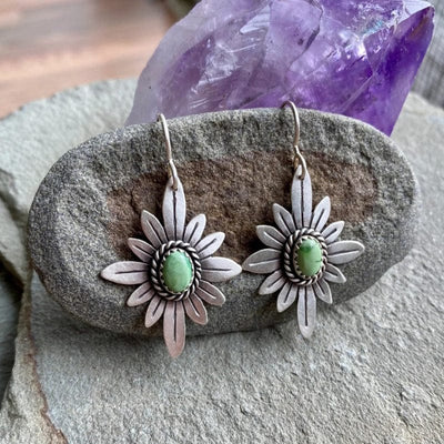 Silver Floral Earrings with Green Opal Stone