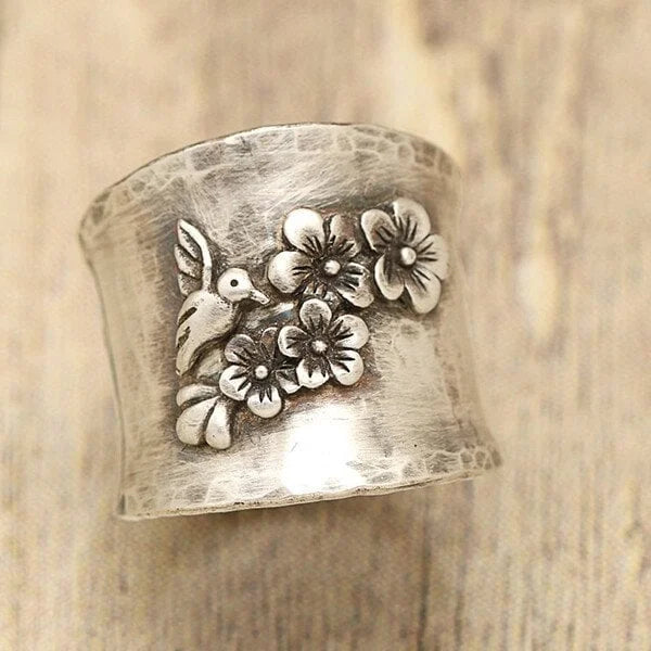 Bird Flower Wide Band Ring