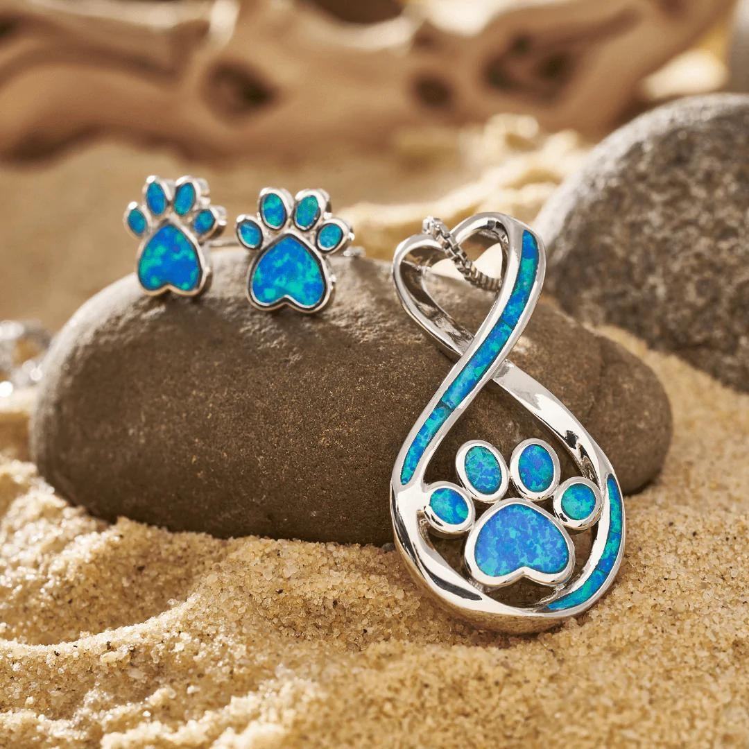 Oceanic Paw Necklace Earrings Set in Blue Opal and Silver Koala Brand