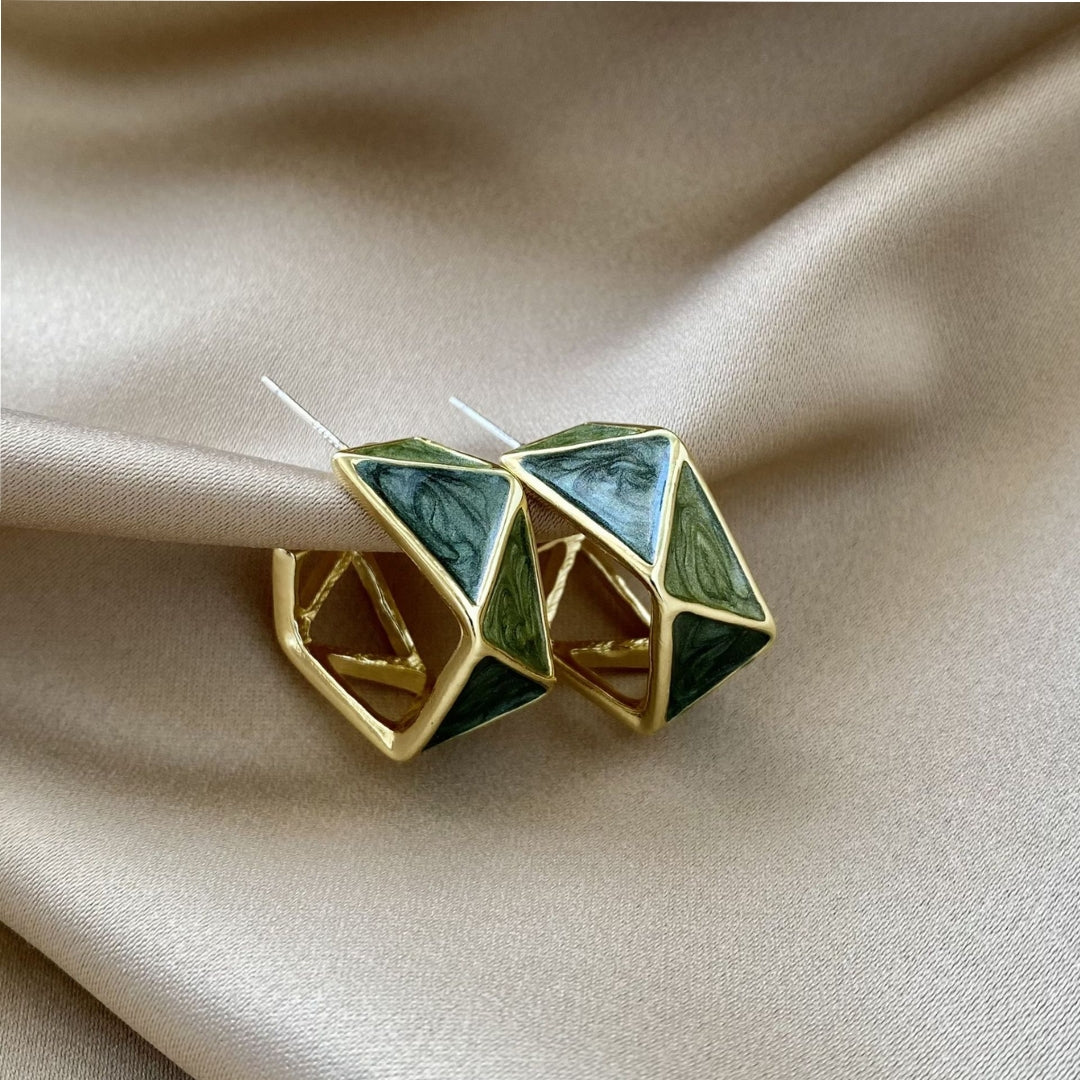 Geometric Earrings with Green Enamel in Gold