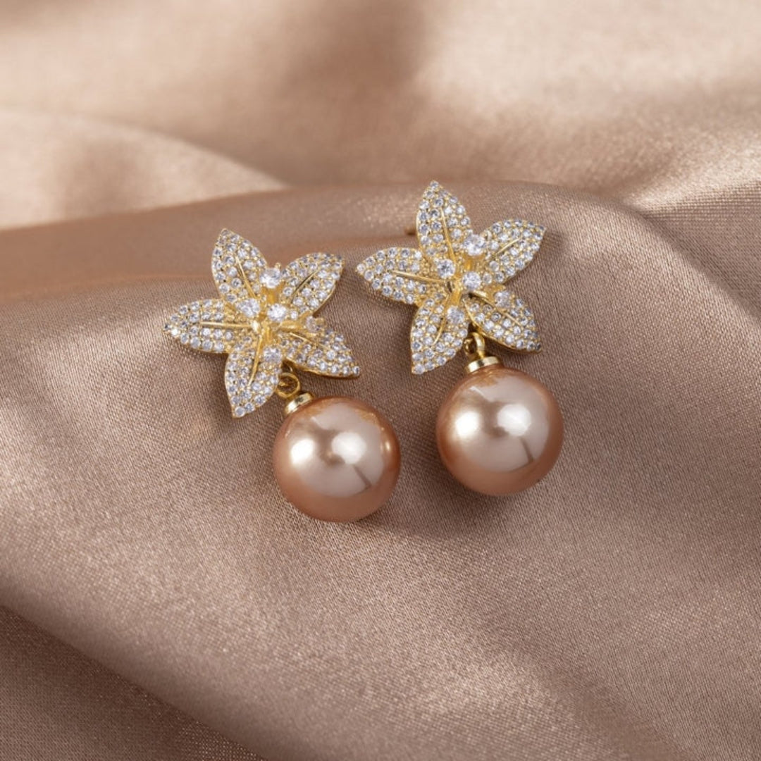 Rose Gold Pearl Flower Drop Earrings