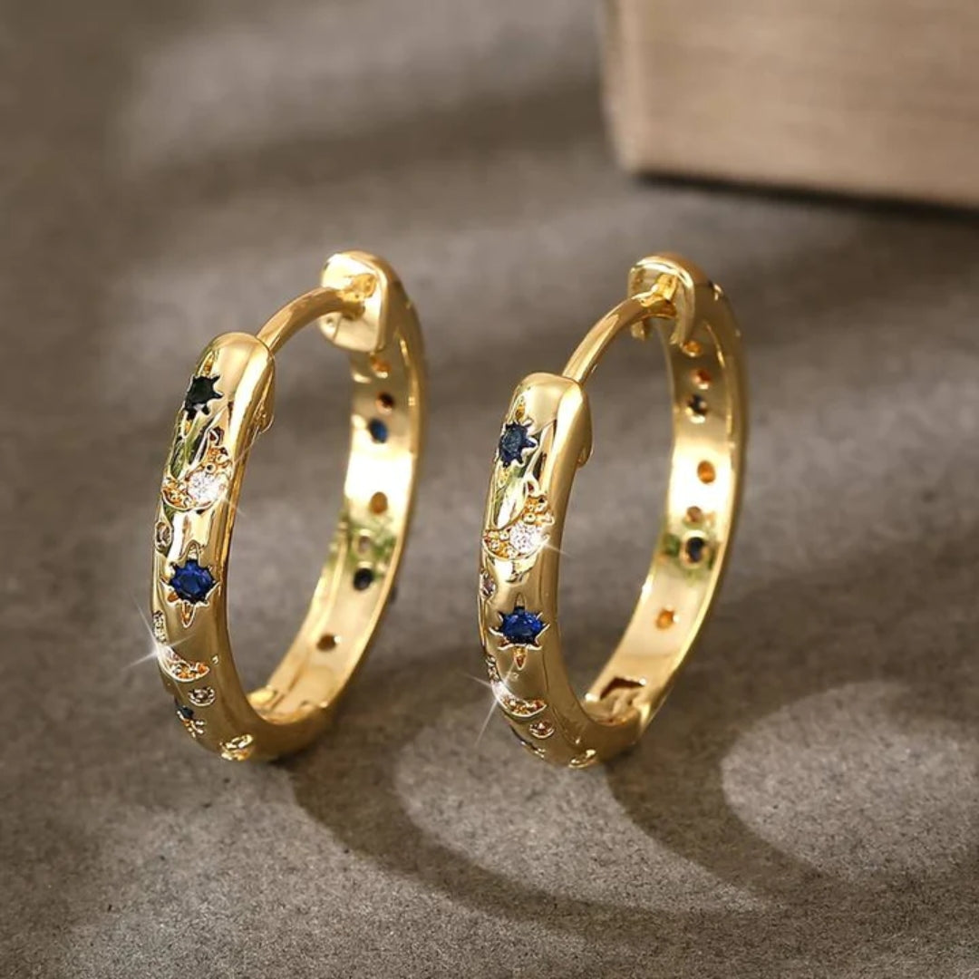 Vintage Golden Blue Zirconia Hoop Earrings