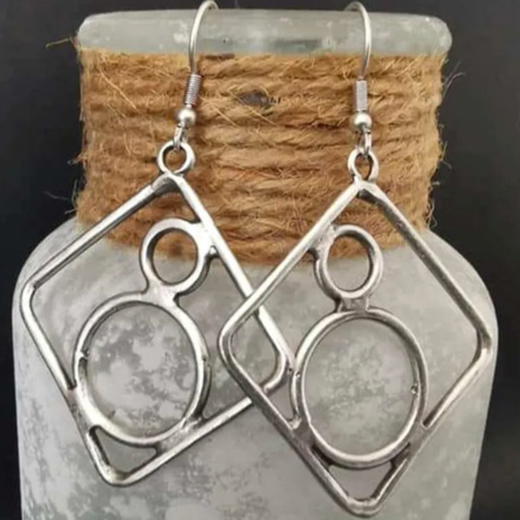 Vintage Hollow Square Silver Earrings