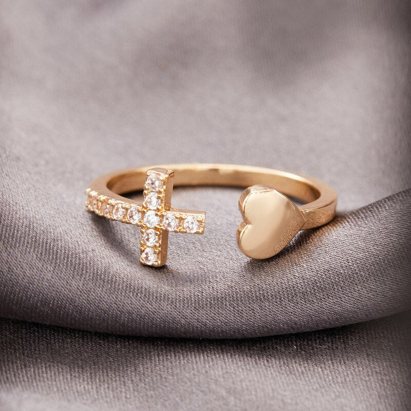 Adjustable Heart Ring with Zirconia Cross