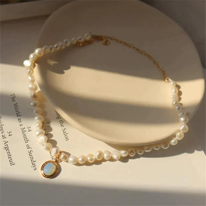 Gold Moonstone Pearl Necklace