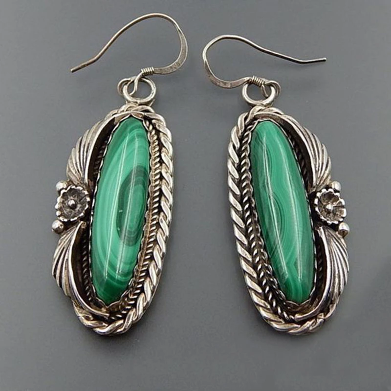 Boho Silver Earrings with Green Stone