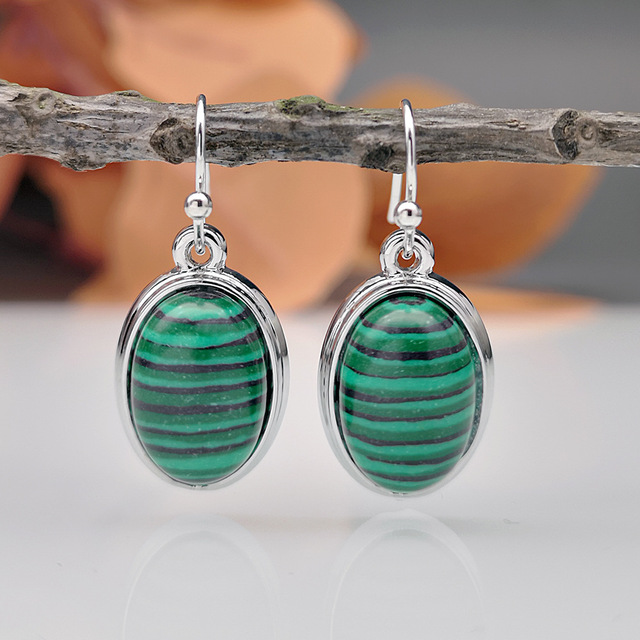 Boho Silver Rounded Green Stone Earrings