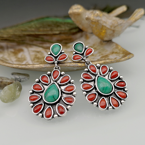 Boho Red and Green Stone Mandala Silver Earrings