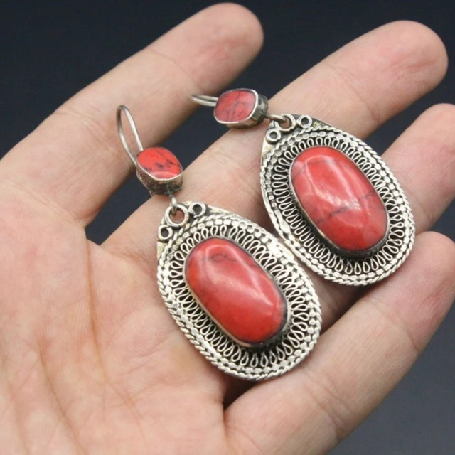Red Stone Silver Earrings