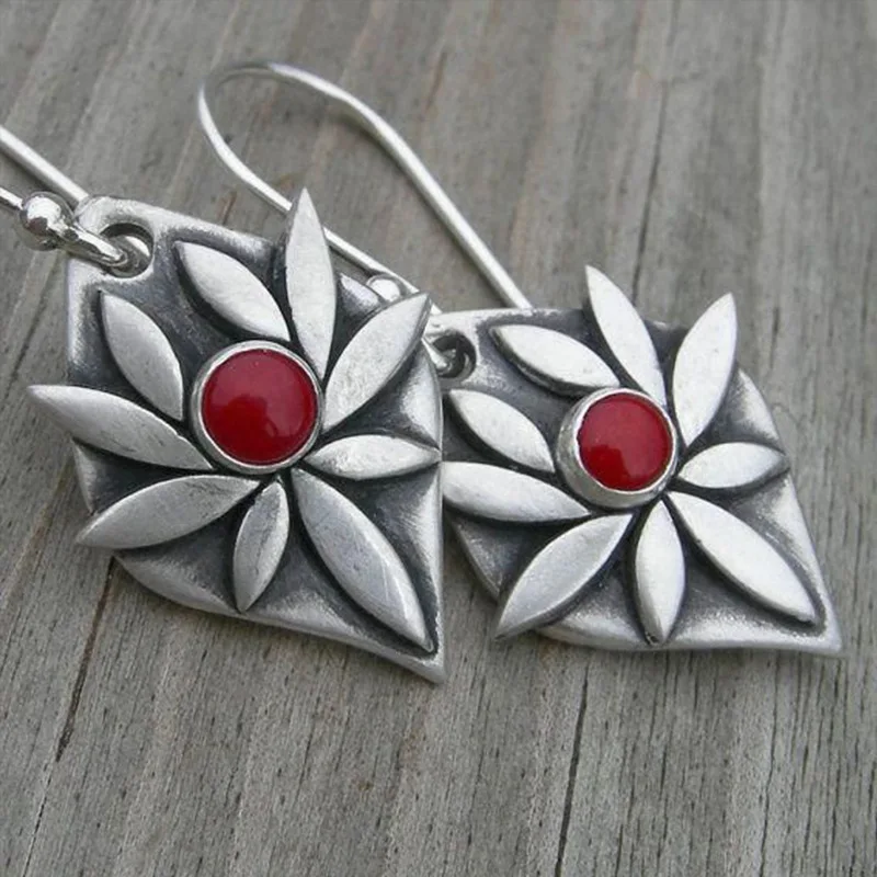 Vintage Red Stone Blossom Silver Earrings