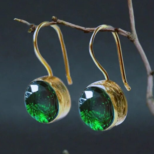 Vintage Green Bright Stone Gold Earrings