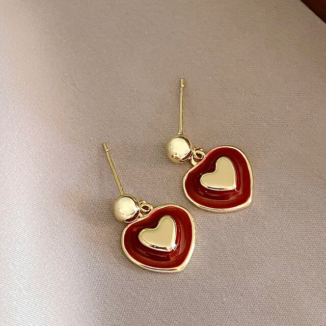 Elegant Red Enamel Golden Heart Earrings